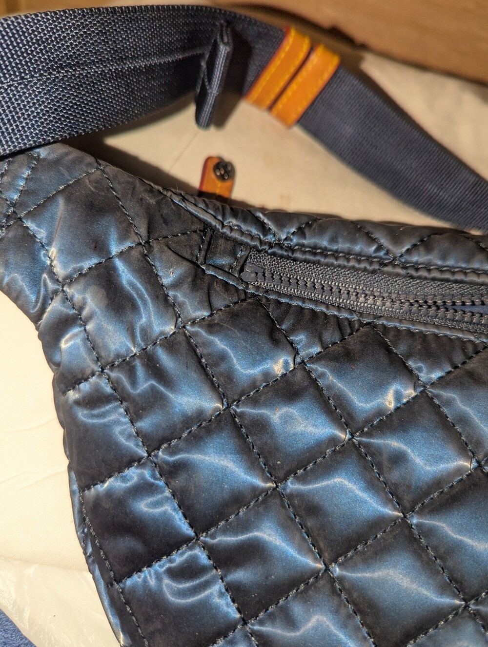 MZ Wallace Metro Quilted Sling Navy /Waist Bag with Leather Pulls - Picture 14 of 14